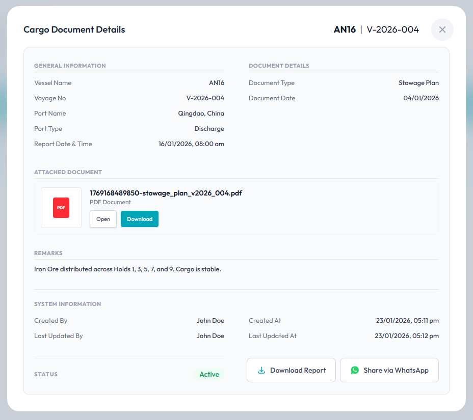 Cargo Stowage  & Cargo Documents Report — Parkora Marine