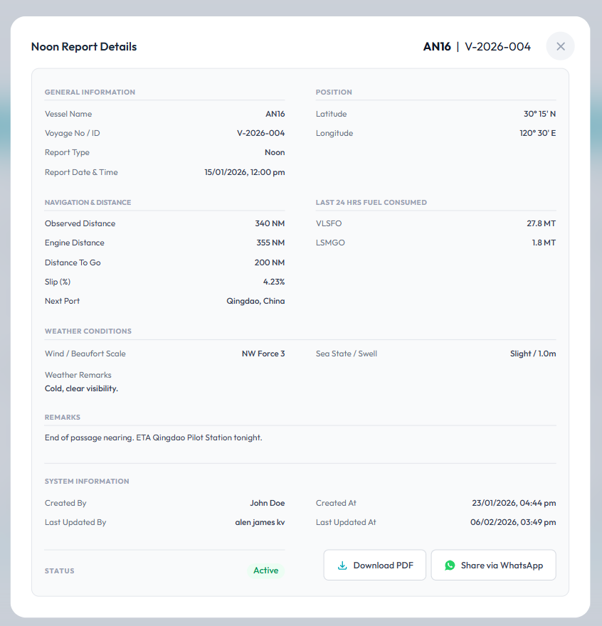Daily Noon Report — Parkora Marine