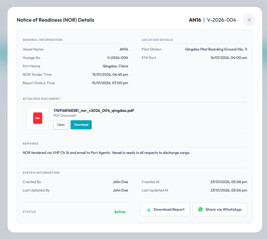 NOR (Notice of Readiness) — Parkora Marine