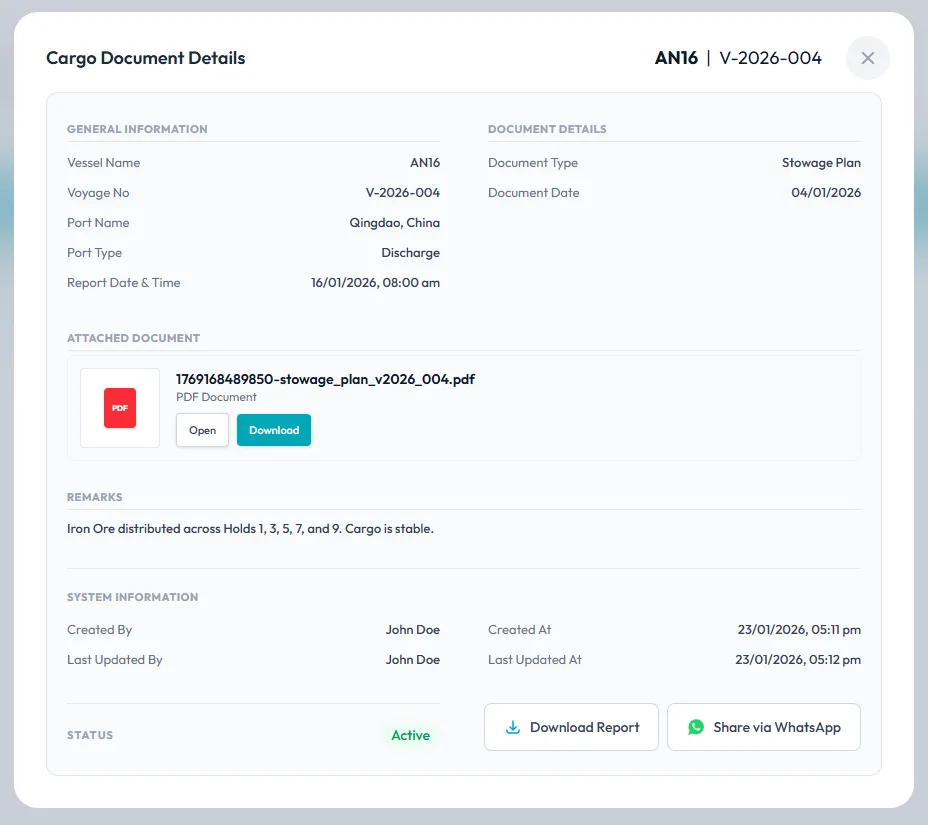 Cargo Stowage  & Cargo Documents Report — Parkora Marine