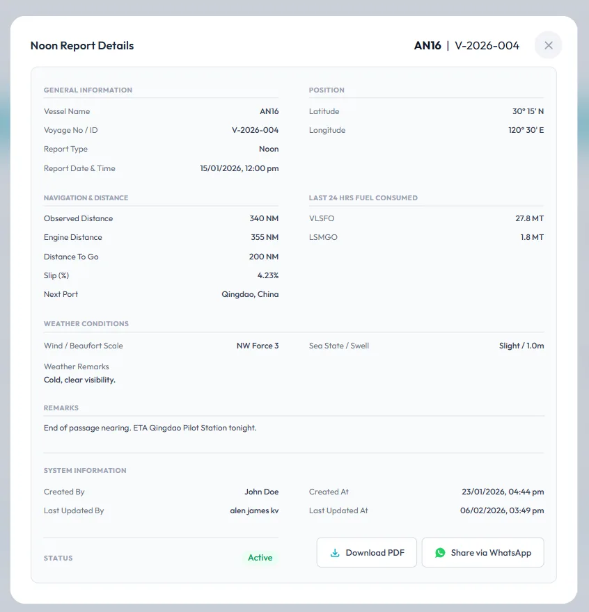 Daily Noon Report — Parkora Marine