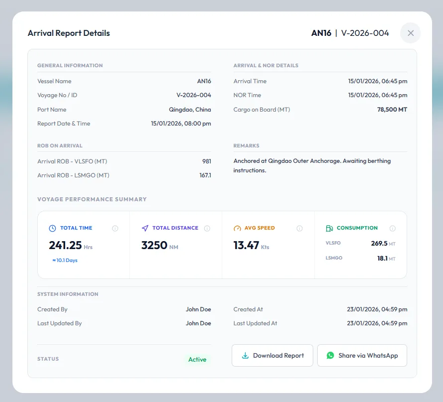 Arrival Report Details — Parkora Marine