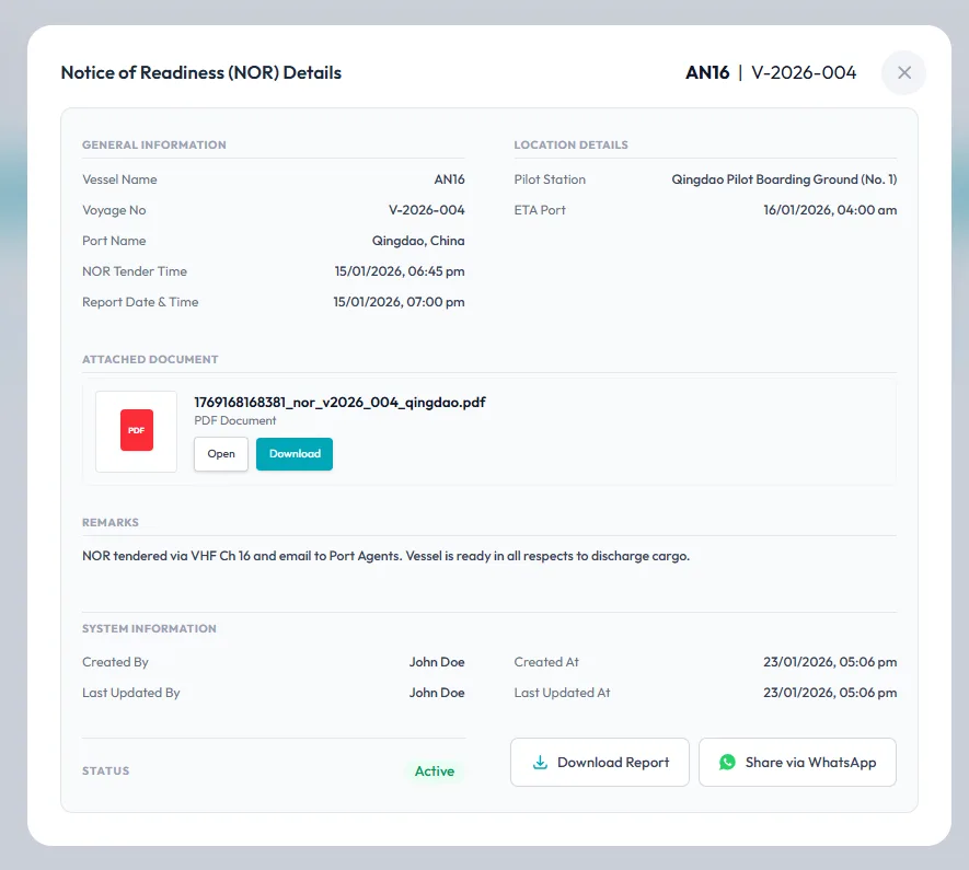 NOR (Notice of Readiness) — Parkora Marine